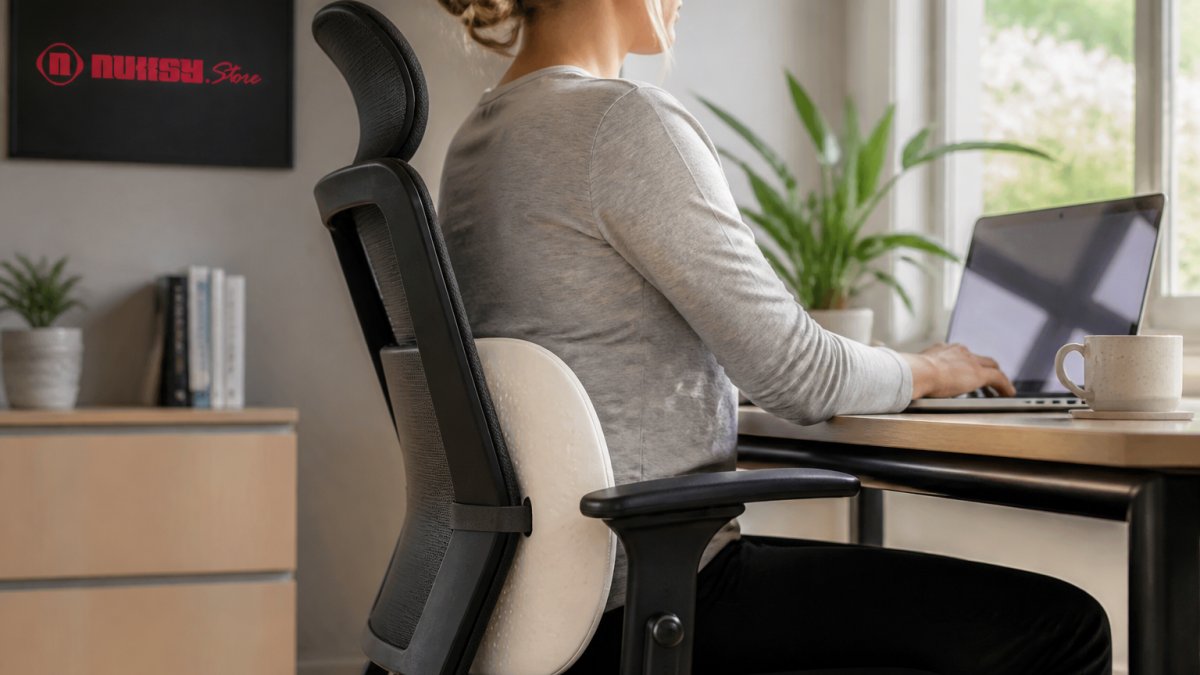 A person seated at a home office desk with a contoured lumbar pillow positioned at the lower back of an ergonomic chair, natural window light, laptop and coffee mug on the desk