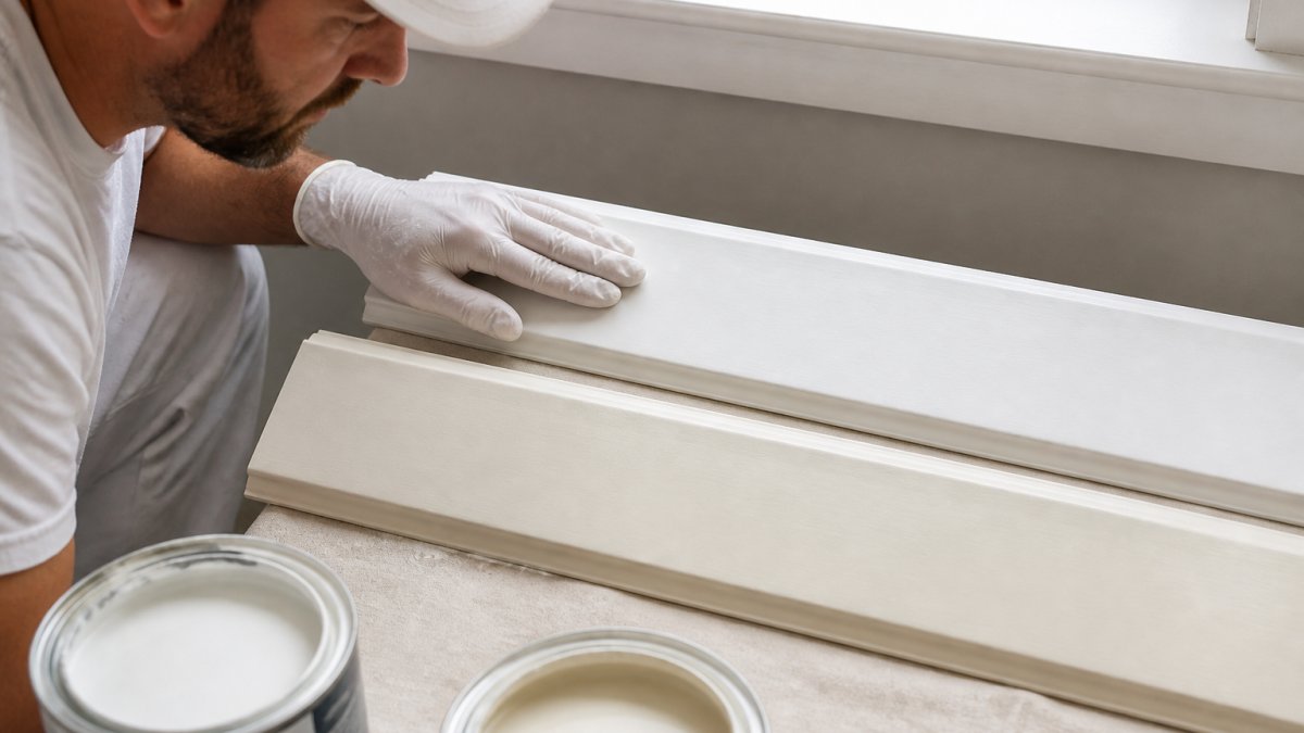 Painter checking dry time on a trim board with a gloved hand, showing recoat timing between latex and oil-based coats