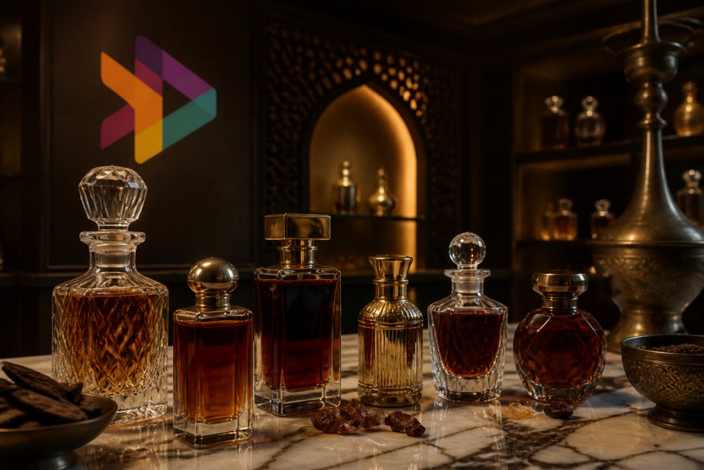 Elegant glass perfume bottles with rich amber and dark liquid displayed on a marble surface with warm, diffused lighting emphasizing the luxury craftsmanship and color depth of the fragrances