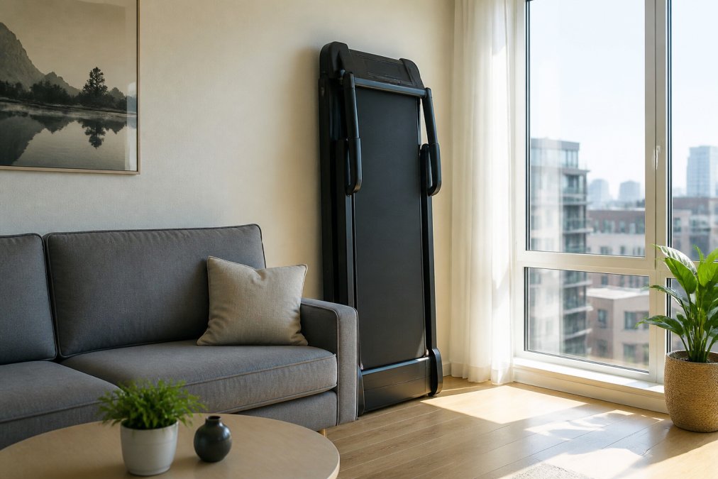 Zusammengeklapptes Laufband für zuhause steht platzsparend neben einem grauen Sofa in einer hellen Stadtwohnung.