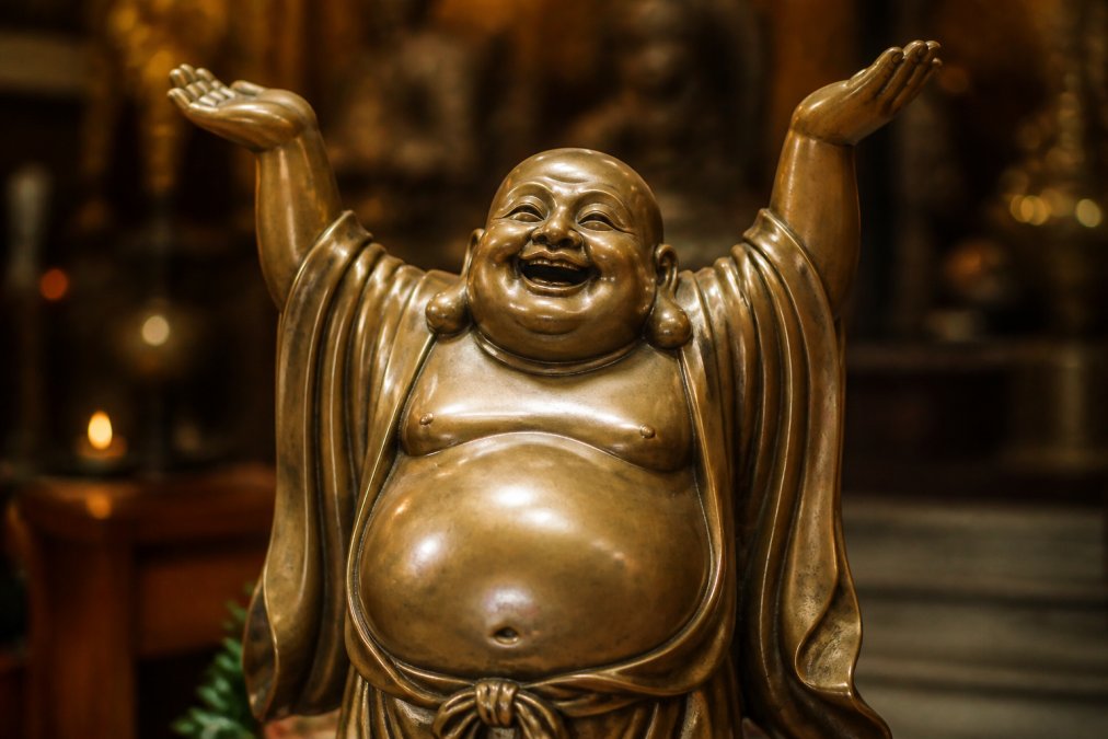 Close-up of a laughing buddha statue with hands raised in joyful celebration, showing intricate facial details and serene expression in soft golden lighting within a tranquil meditation setting