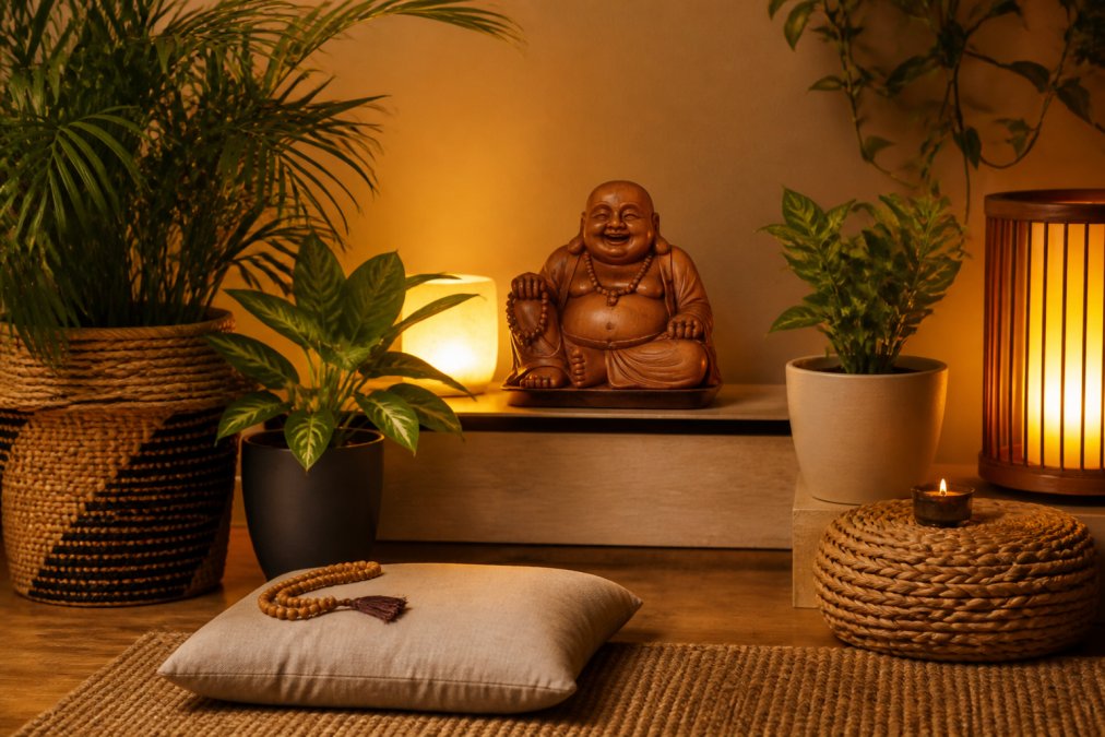 A laughing buddha statue positioned in a serene home meditation corner with soft amber lighting, surrounded by potted plants and peaceful decor creating a tranquil sanctuary space