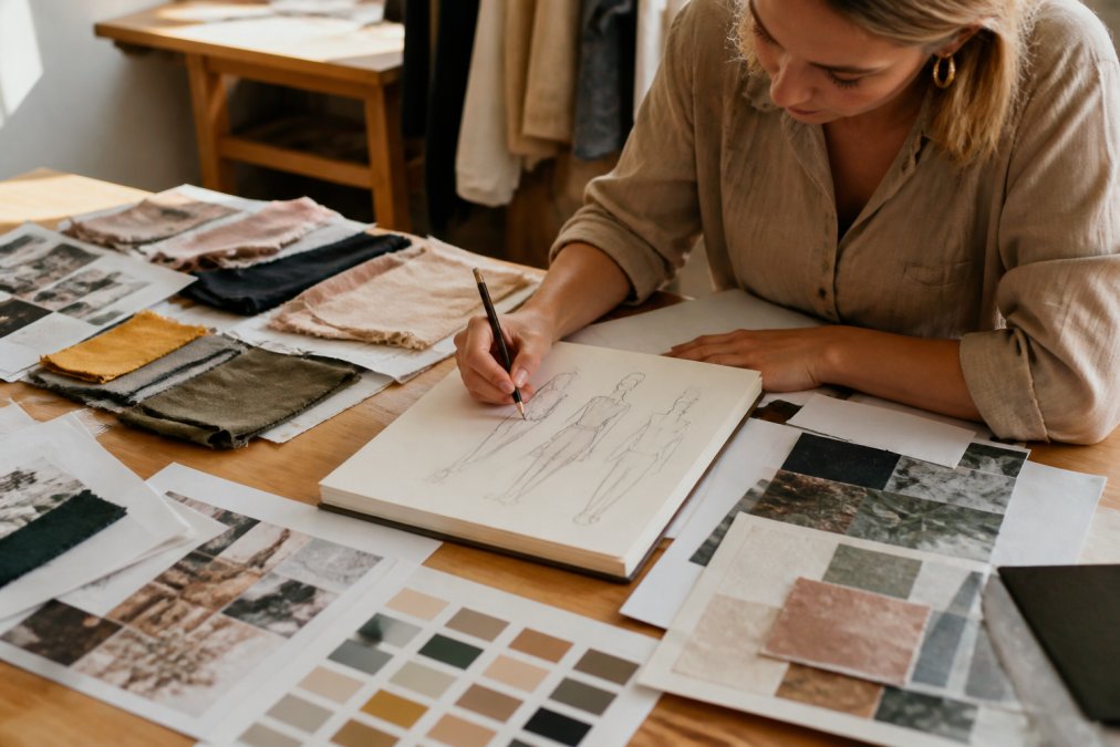 Designer sketching clothing designs on paper at a workspace, with fabric swatches, color palettes, and inspiration mood boards spread across the desk in natural studio lighting