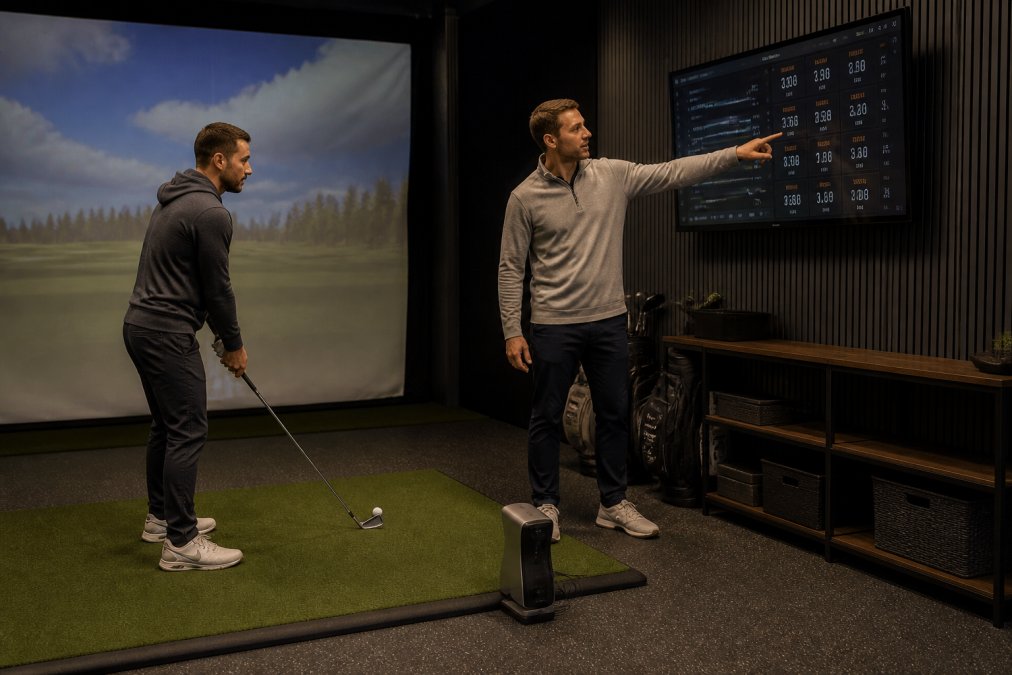 Diagram comparing radar and camera launch monitor data accuracy for teaching in a golf simulator bay