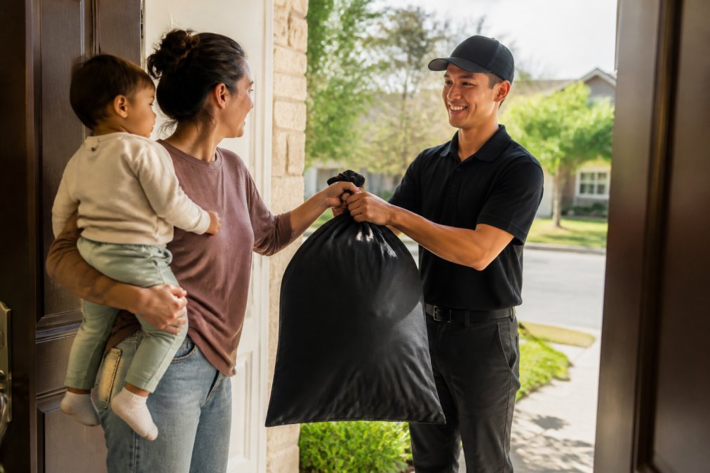 A parent handing a large laundry bag to a pickup driver at their front door while balancing a toddler on one hip, bright morning daylight, suburban home setting