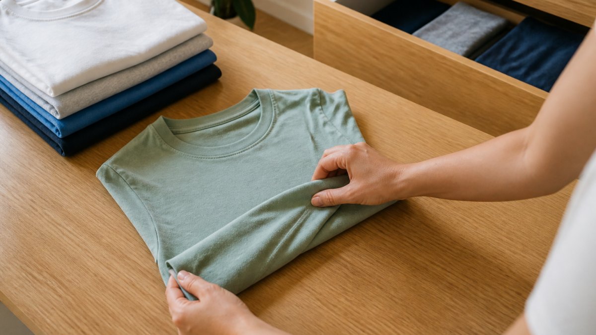 Close-up of hands folding a plain cotton T-shirt on a clean wooden table, with a neat stack of folded shirts and an open dresser drawer in the background