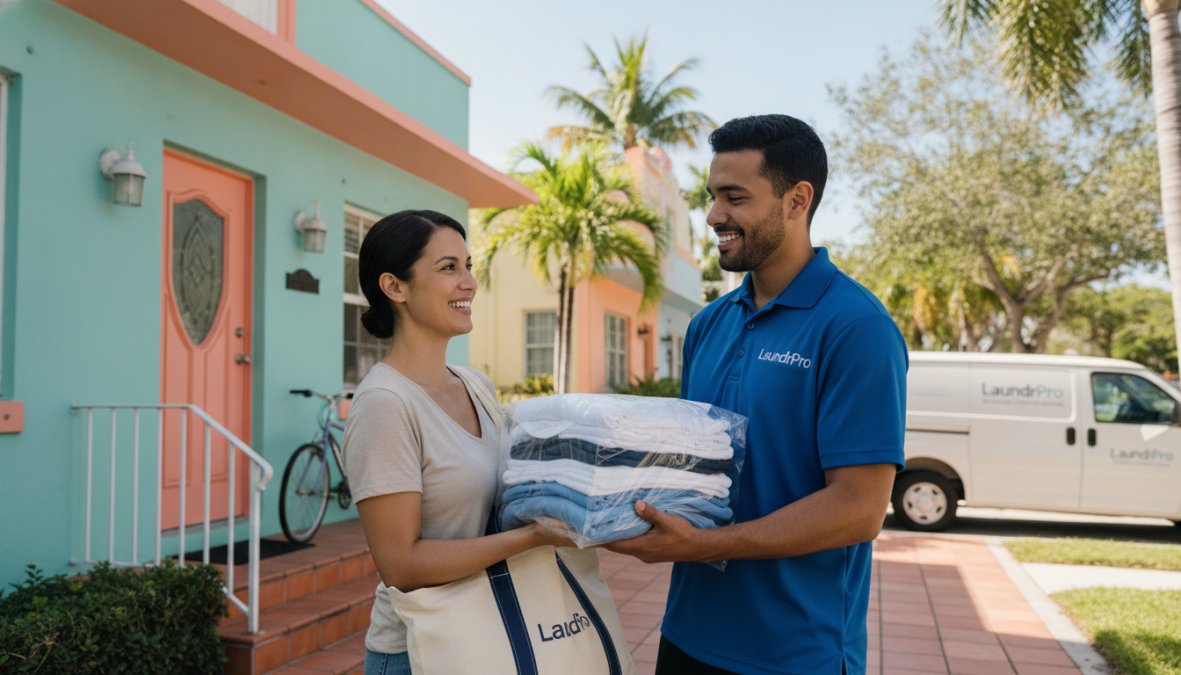 Delivery driver in professional uniform picking up a laundry bag from a customer's front doorstep in a Miami residential neighborhood with morning sunlight