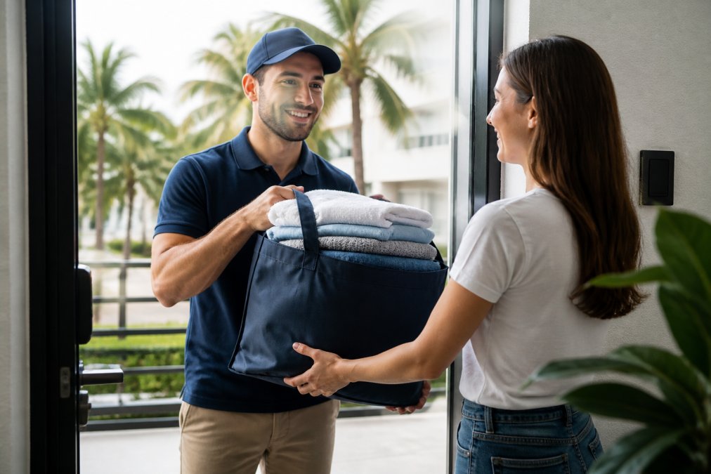 A friendly courier in a branded polo shirt handing a neatly folded stack of clean laundry in a reusable bag to a smiling customer at an apartment doorway in Miami, warm natural light