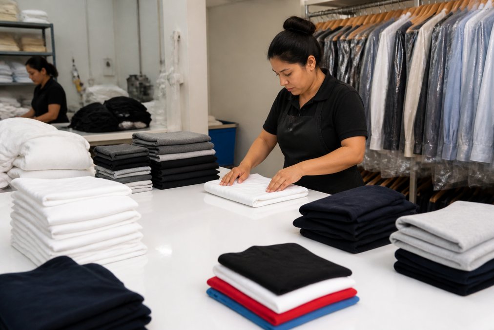 Professional laundry staff carefully folding clean clothes on a large table, with organized stacks of neatly folded garments in whites, darks, and colors ready for delivery packaging