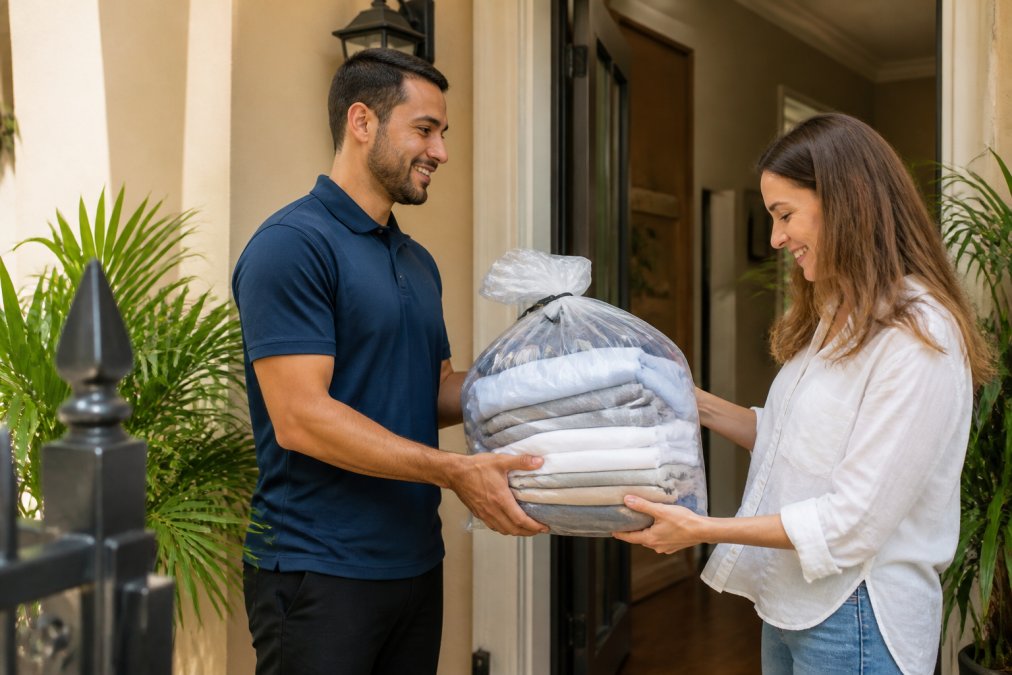 Delivery driver in uniform handing a neatly packaged and sealed laundry bag to a customer at their residential doorstep in afternoon sunlight, with the customer checking the package contents