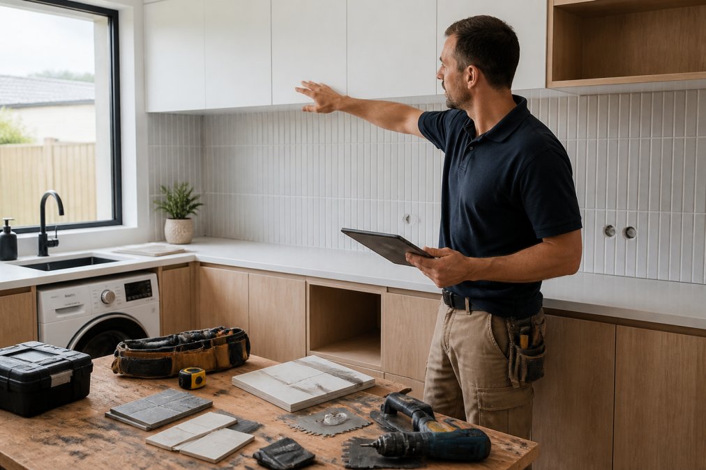 A professional tradesperson in a bright, modern Australian laundry room reviewing a project plan on a tablet while pointing to custom cabinetry and tiling