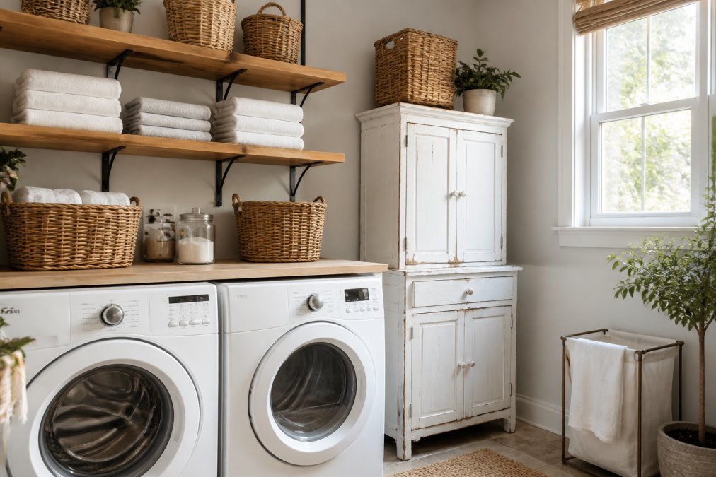 Bright laundry room featuring open wooden shelves, wicker baskets, and a repurposed white cabinet with a potted plant.