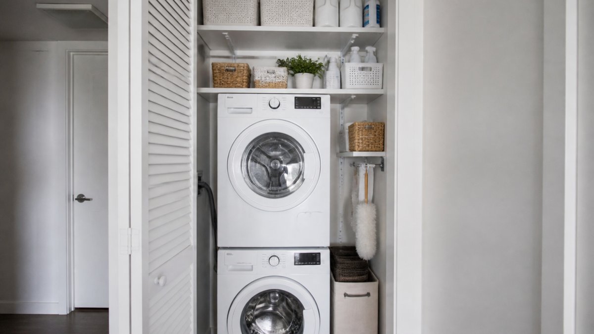 Compact apartment laundry closet with white wall-mounted shelves holding neatly organized bins, baskets, and laundry supplies above a stacked washer-dryer unit