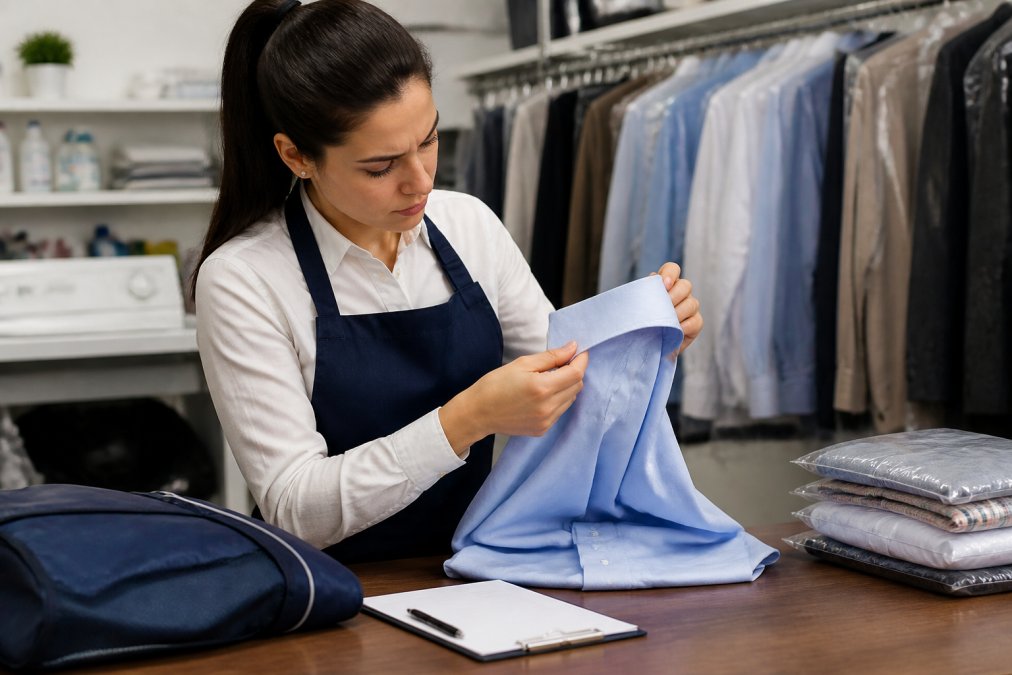 Infographic checklist for inspecting clothing upon delivery to ensure compliance with a laundry damage policy.