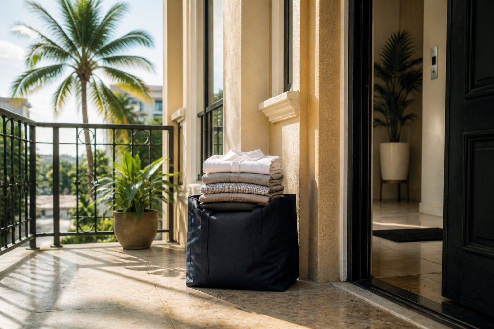 A neatly folded stack of fresh laundry in a branded delivery bag sitting on the doorstep of a Miami apartment building, with palm trees visible in the background
