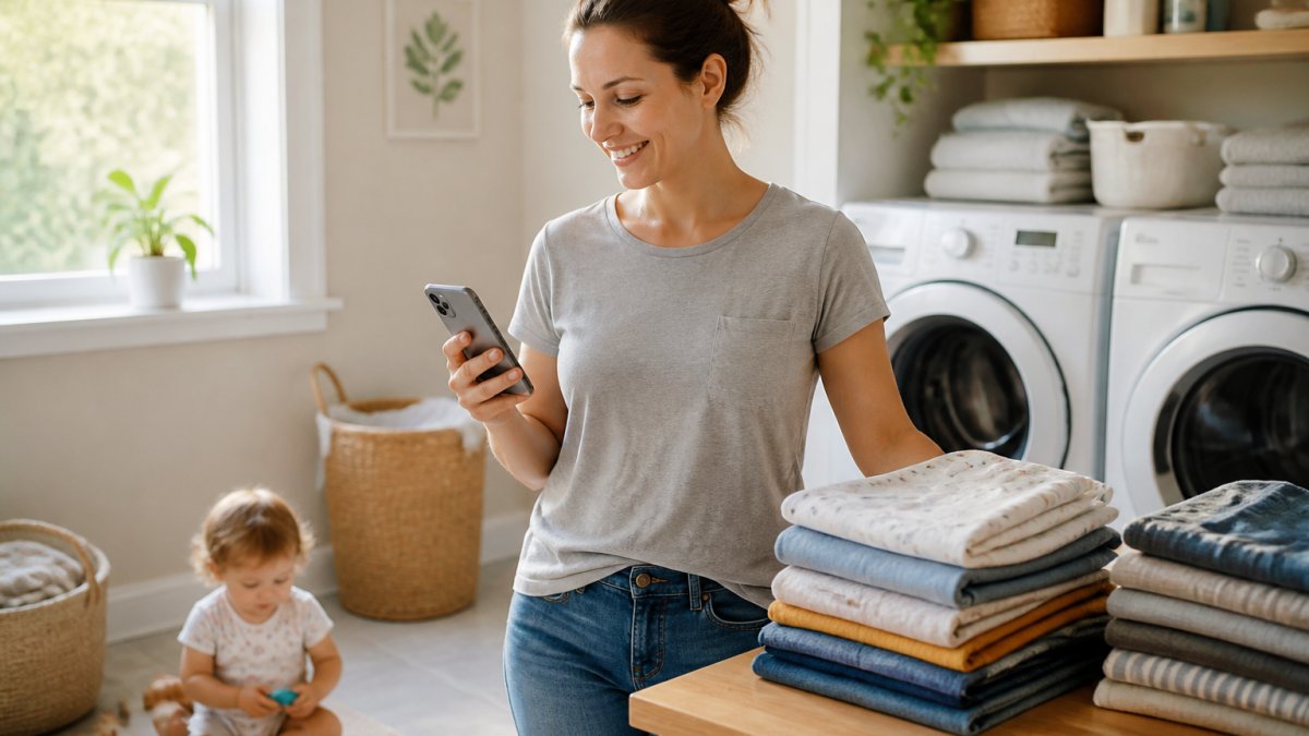 A parent in a bright laundry room holding a smartphone with a delivery app open, a toddler playing nearby, and a stack of neatly folded clothes on a counter