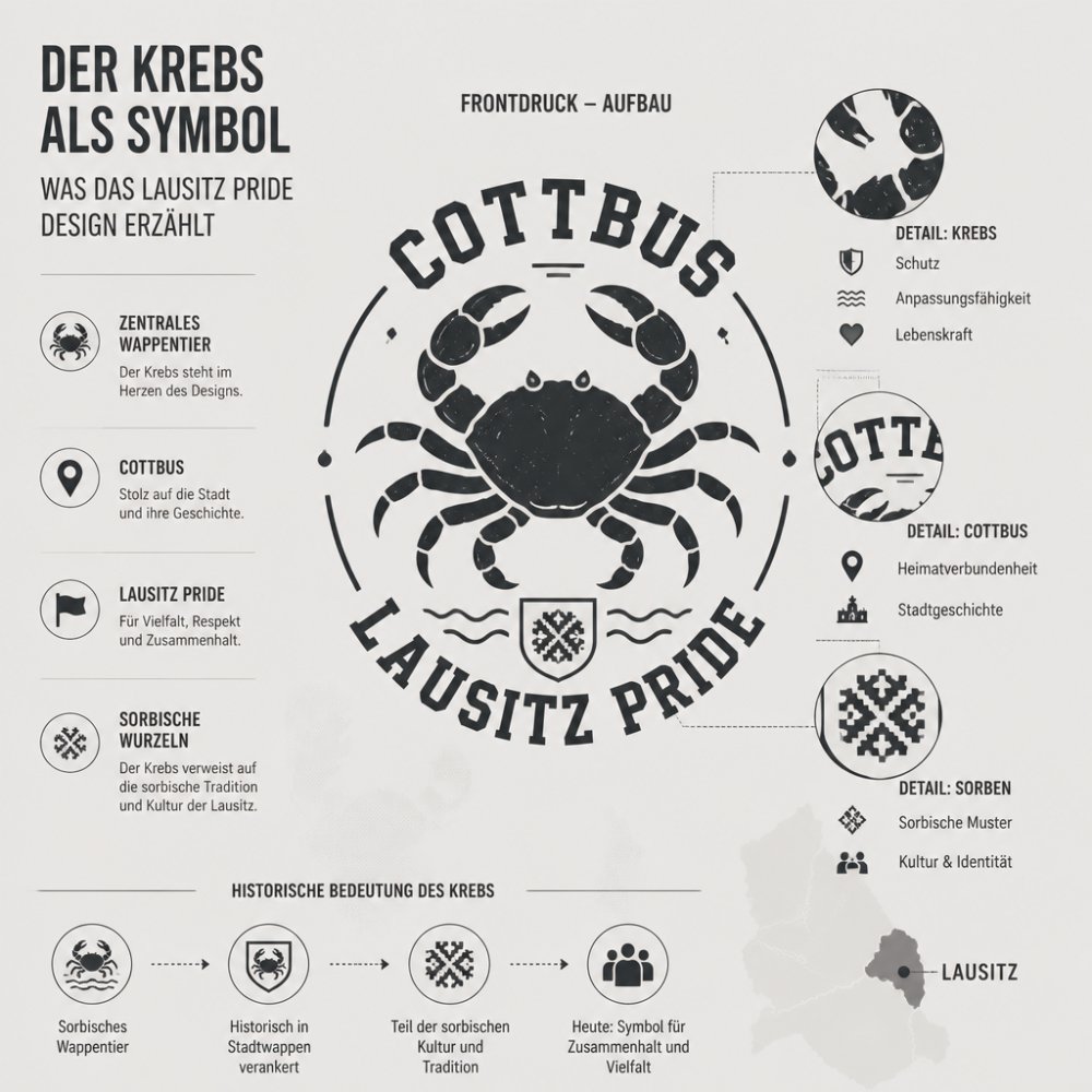Diagramm mit Beschriftung des Frontdrucks: roter Krebs als zentrales Wappentier, umgeben von den Schriftzügen 'Cottbus' und 'Lausitz Pride', inklusive Detailhinweis auf die sorbische Geschichte