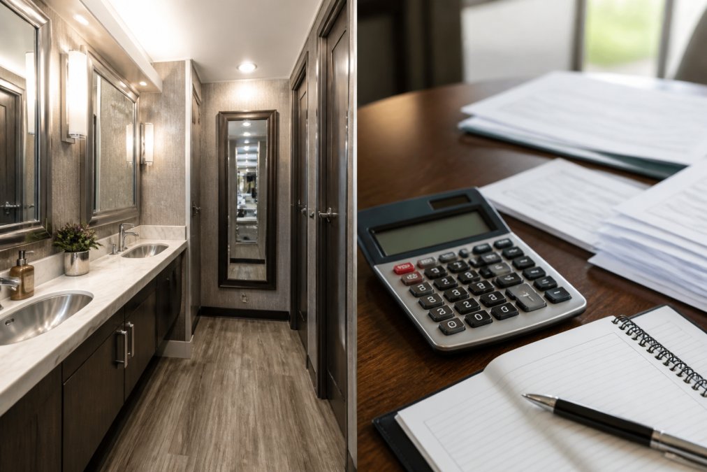 Interior of a luxury climate-controlled restroom trailer with elegant finishes, full-length mirror, running water sink, vanity lighting, and polished surfaces