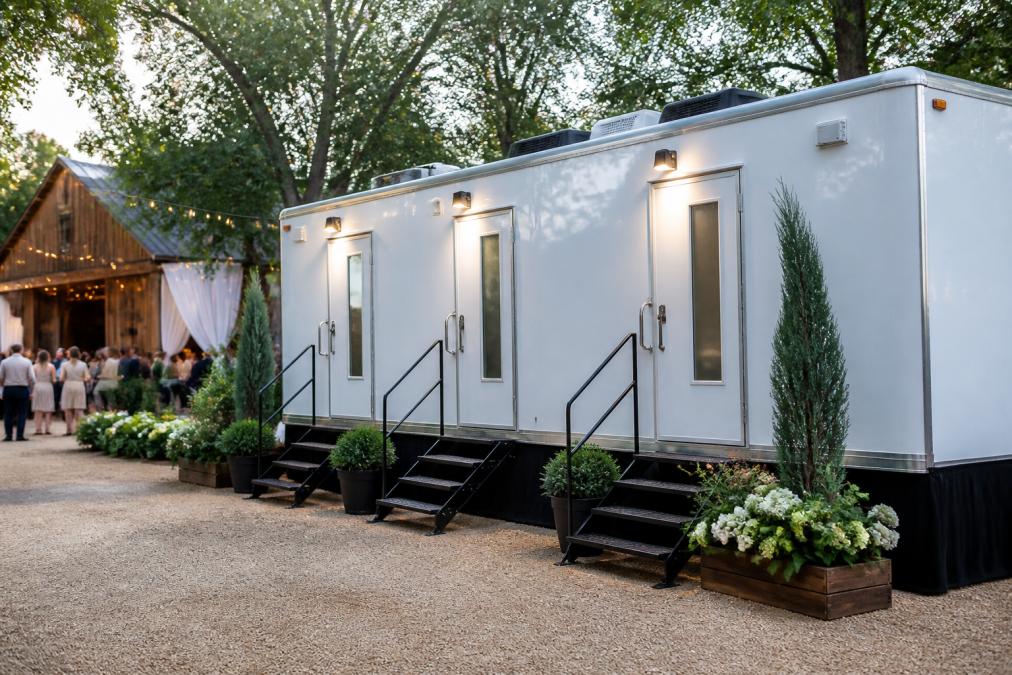 Wide-angle view of a premium restroom trailer exterior at an outdoor wedding venue, showing professional setup with landscaping, ambient lighting, and elegant entrance