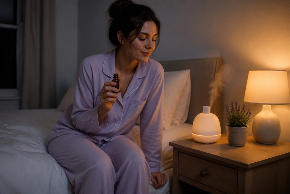 A woman in soft pajamas sitting on the edge of her bed in dim evening light, holding a small amber glass bottle of essential oil while a diffuser gently mists on the nightstand beside her
