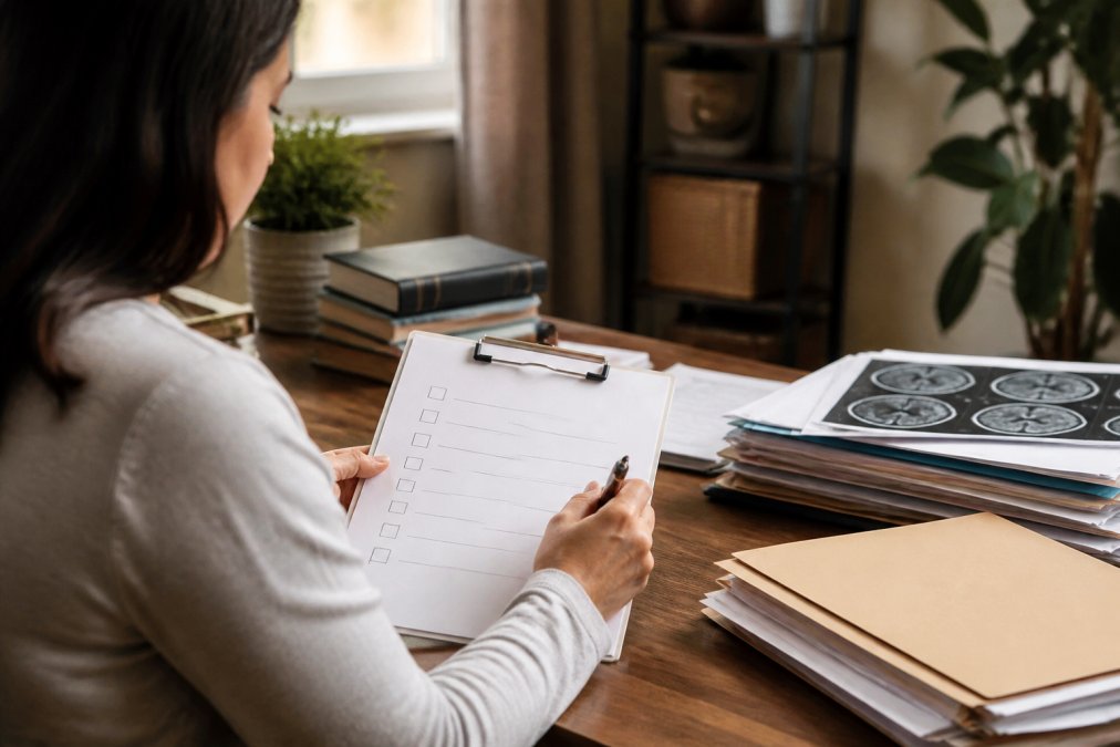 A person sitting at a desk reviewing a checklist on a clipboard with a pen, medical records and a laptop nearby in a home office, warm natural light