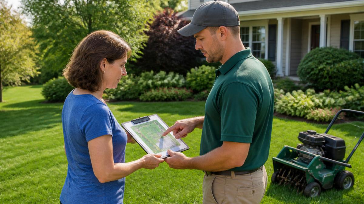 A homeowner and a lawn care technician standing on a green residential lawn, pointing at a clipboard with a property diagram, discussing service details on a sunny day