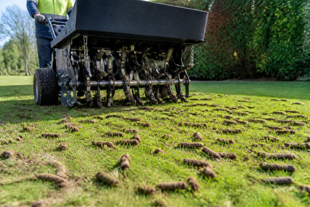 Core aerator machine pulling soil plugs from a lawn for lawn aeration vs top dressing maintenance in a sunny garden.