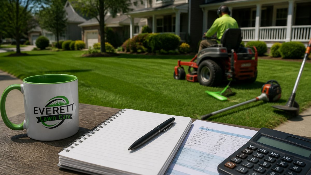A professional lawn care crew member using a commercial mower on a lush green lawn in a suburban Raleigh neighborhood, with string trimmer and edger visible nearby
