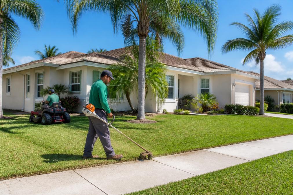 A landscaping crew mowing and edging the lawn of a well-kept single-family rental home in a South Florida neighborhood, palm trees visible, bright sunny day