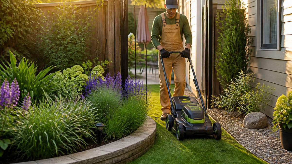Homeowner maneuvering a compact mower around a curved garden bed in small complex yards during the afternoon.