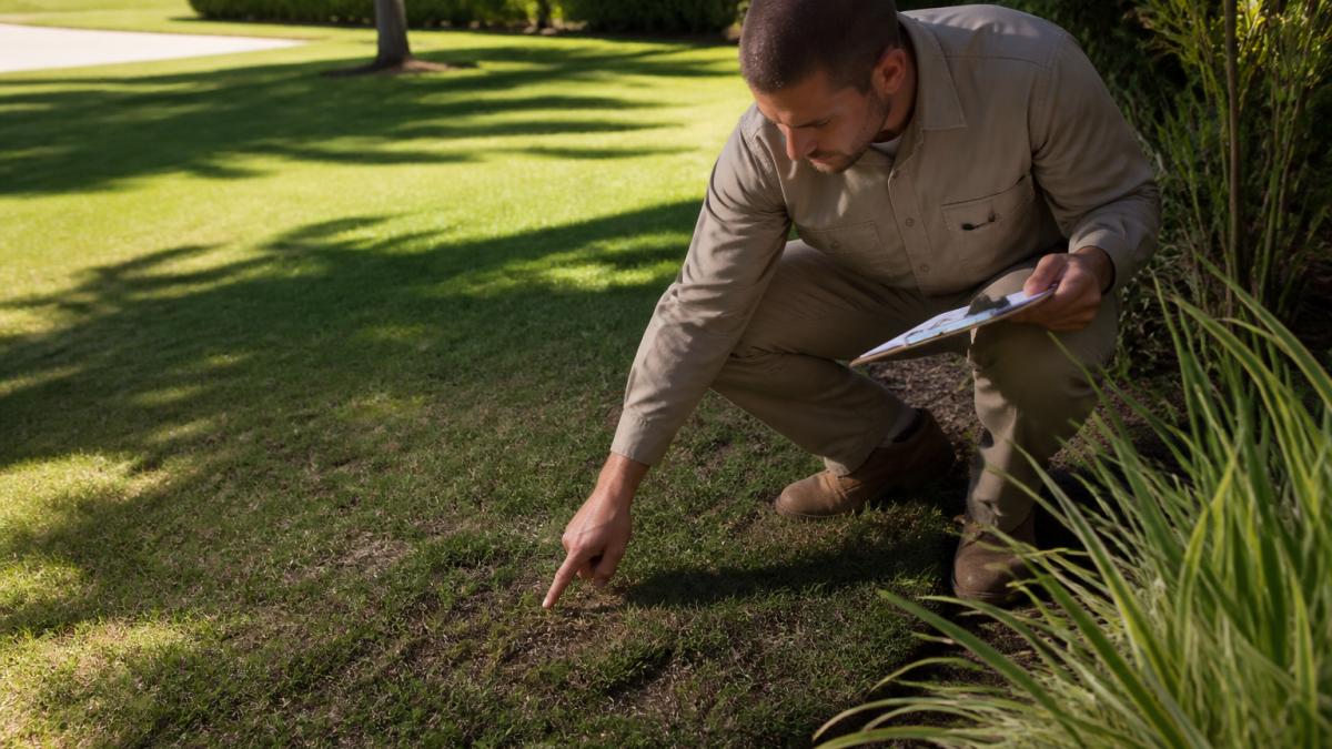 Lawn technician examining grass and soil to fulfill a lawn care guarantee claim
