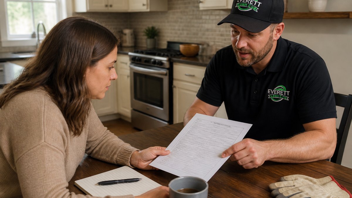 A homeowner at a kitchen table reviewing a printed certificate of insurance while a lawn care professional in a polo shirt points to the policy details