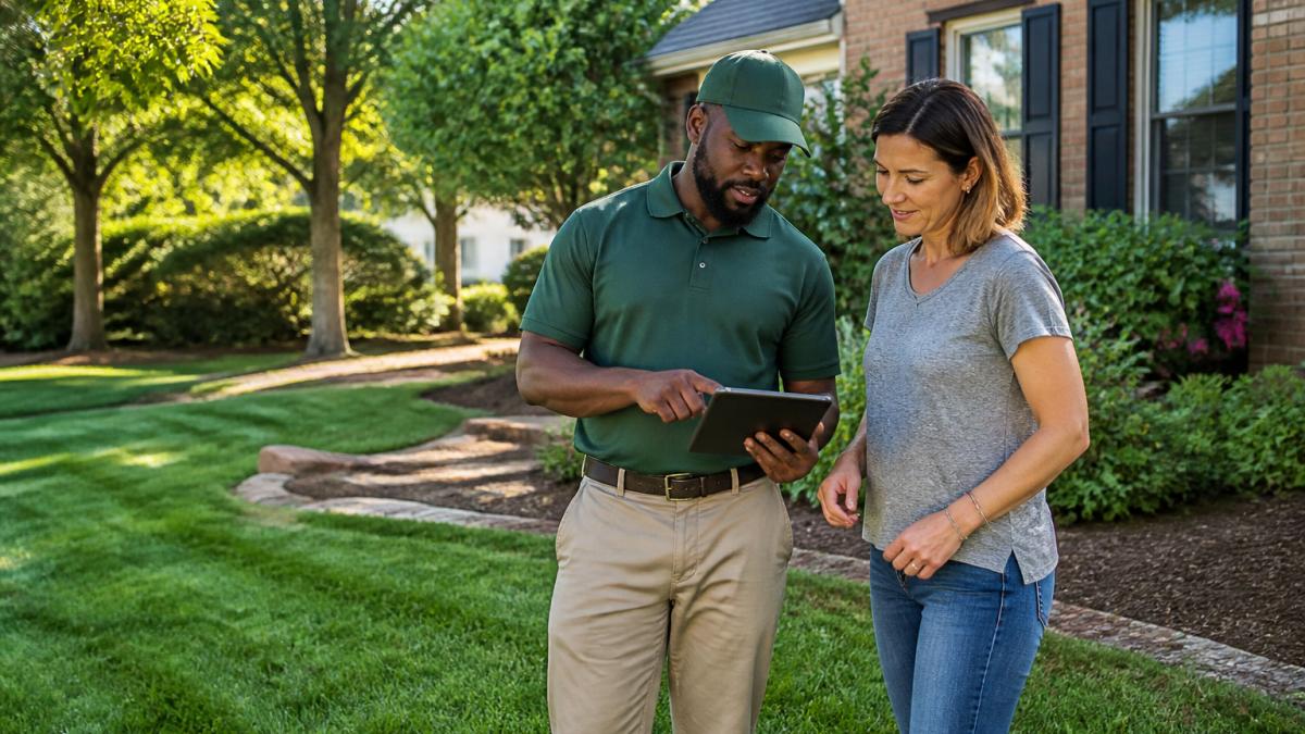 Professional lawn care technician discussing lawn maintenance plan with homeowner in residential yard, reviewing property with tablet, natural daylight