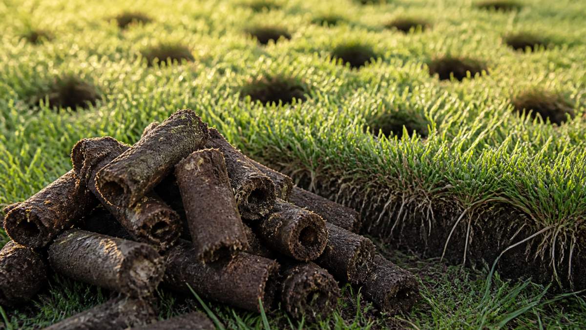 Close-up of soil cores pulled from a healthy lawn showing hollow plugs of dark soil material stacked on green grass, with visible root systems in the background and morning light illuminating the aeration holes