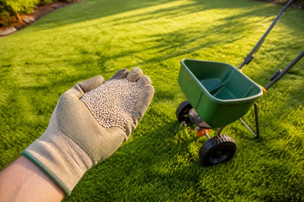 A gloved hand holding a handful of granular fertilizer over a green lawn, with a broadcast spreader sitting nearby in soft morning light