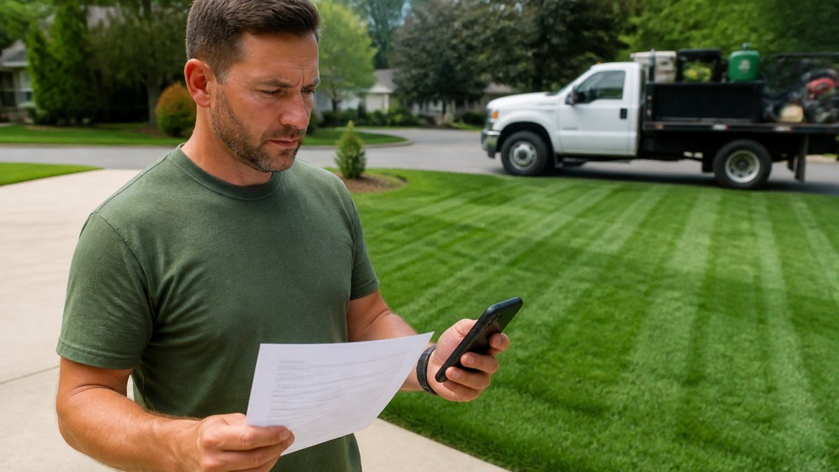 A homeowner standing on a driveway holding a printed service contract and a smartphone, with a freshly mowed lawn and a lawn care truck visible in the background