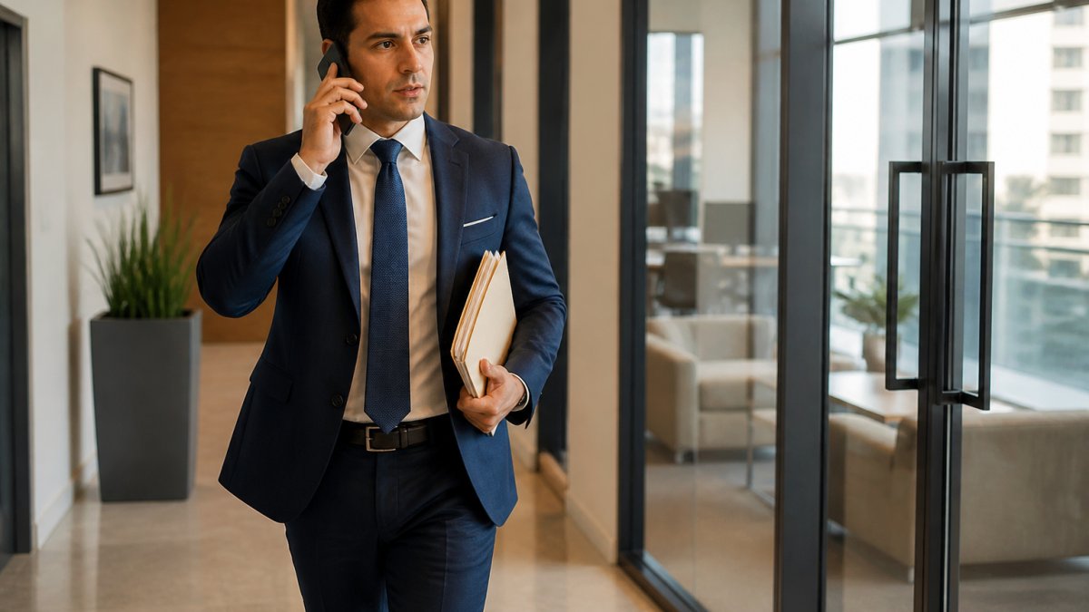Professional in business attire sitting at desk with accident claim documents, medical records, and laptop, reviewing paperwork while taking notes during phone conversation