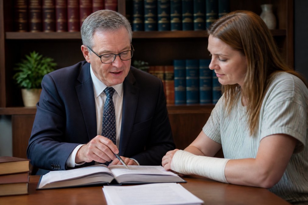 Professional solicitor and client in modern office setting reviewing documents together at desk, with natural lighting and shelves of legal references visible