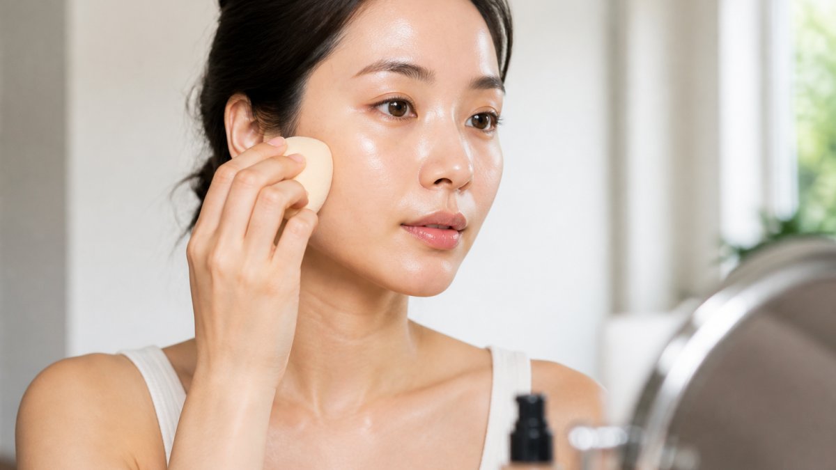 Professional demonstrating liquid foundation application with beauty sponge over hydrated skin in natural daylight, showing proper blending technique