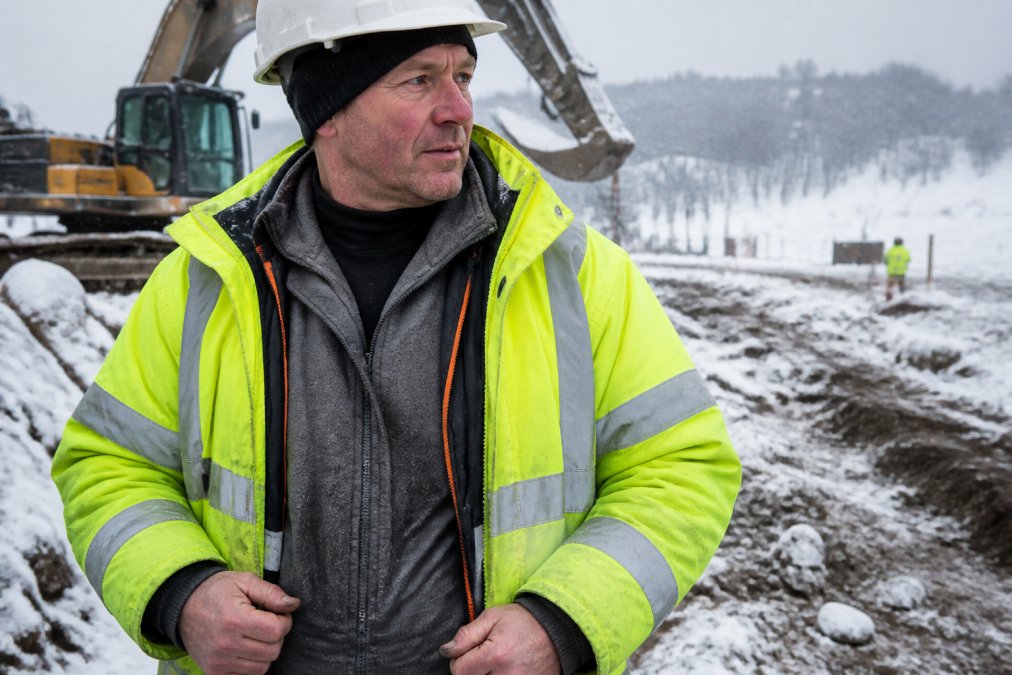 Diagram showing a three-layer hi-vis clothing system for construction work in extreme winter conditions.