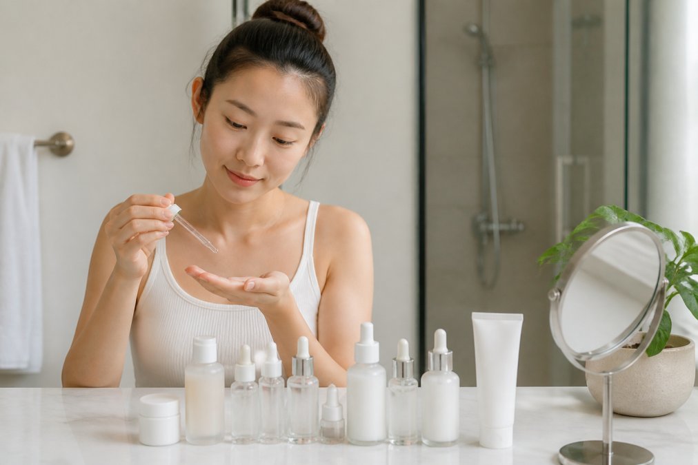 Young woman applying a face serum from a glass dropper bottle at a bathroom vanity with skincare products nearby.