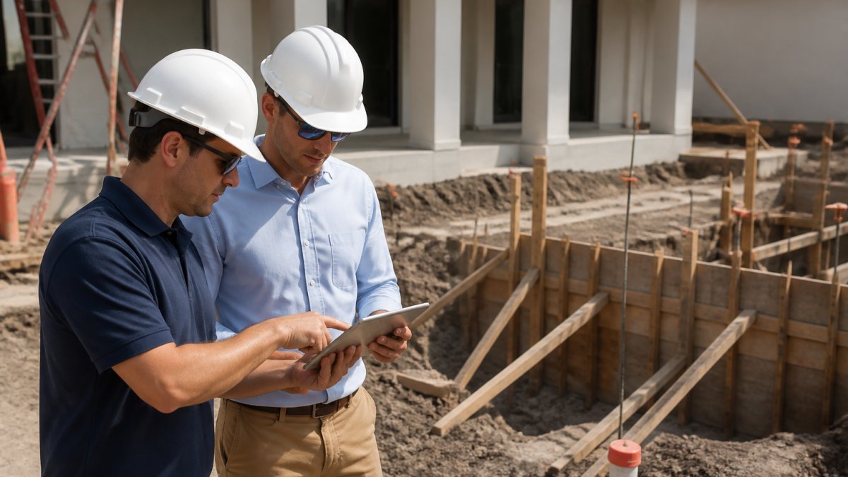 Two engineers in hard hats reviewing blueprints on a tablet at a residential construction site with exposed foundation work visible in the background