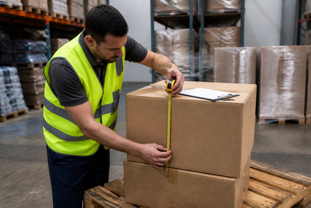 Warehouse worker measuring a shipping carton to determine CBM for an lcl freight quote