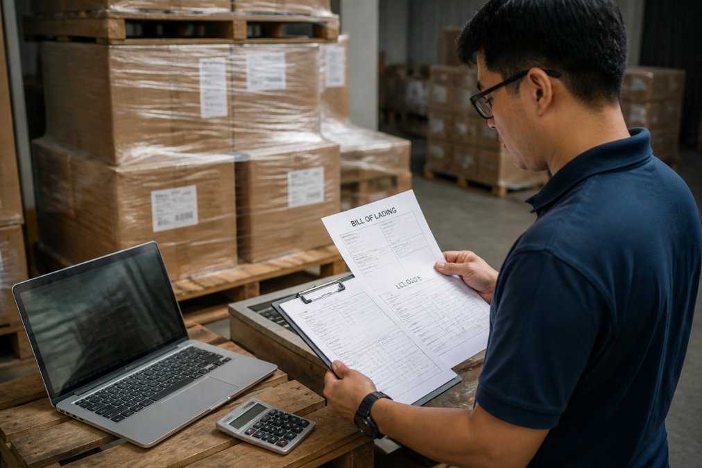 A freight forwarder in a warehouse reviewing a printed LCL quote and bill of lading on a clipboard next to stacked palletized cargo and a laptop showing a CBM calculator