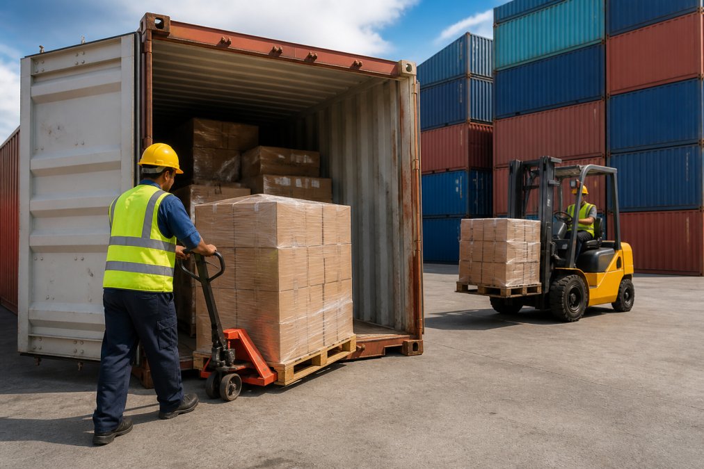 Cargo containers being loaded and consolidated at a busy container yard, with forklift operators organizing multiple smaller shipments from different shippers into a single container, natural daylight illuminating the stacked boxes