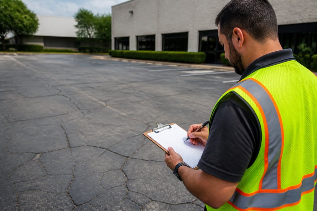 Professional contractor in safety vest reviewing pavement condition assessment notes while standing in commercial parking lot with visible cracks and wear patterns