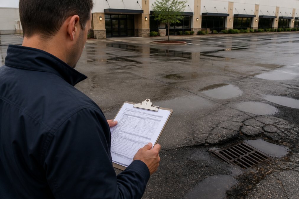 Property manager reviewing detailed contractor vetting checklist and comparison documents on clipboard while inspecting commercial parking lot with visible pavement deterioration and drainage issues