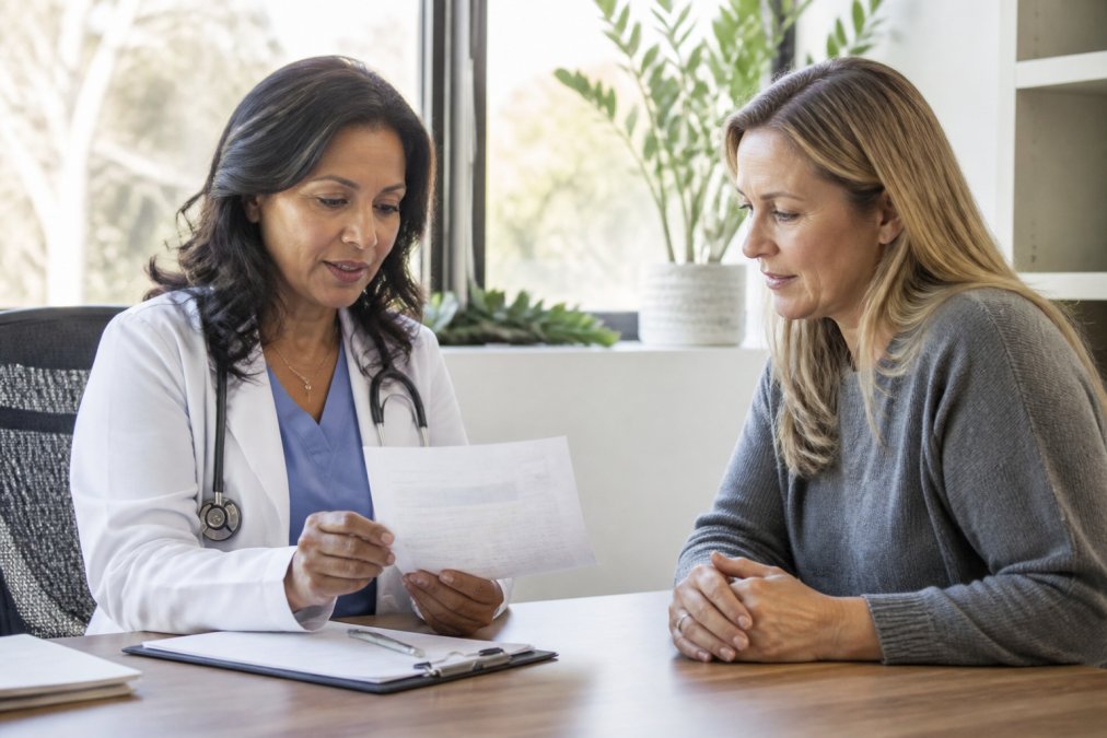 Doctor discussing LDN for weight loss treatment options with a patient in a medical office