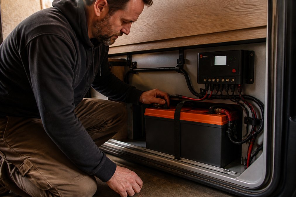 A Skyenergi lithium leisure battery installed neatly inside a campervan battery compartment with tidy cable management and an SRNE charge controller mounted on the adjacent panel, photographed under warm workshop lighting