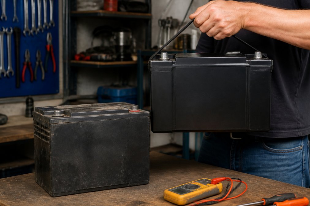Close-up of a hand lifting a lightweight lithium RV battery next to a heavier lead-acid battery on a workbench, with a multimeter and tools in the background